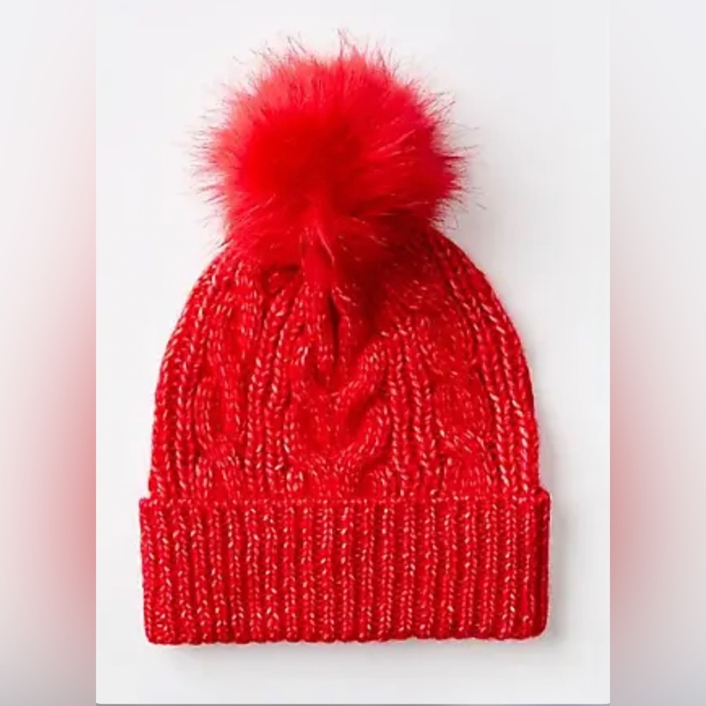 LOFT NWT Cable Pom Pom Beanie - Tango Red